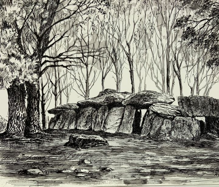 Disegno intitolato "Le dolmen.La roche…" da Michel Kulisa, Opera d'arte originale, Inchiostro