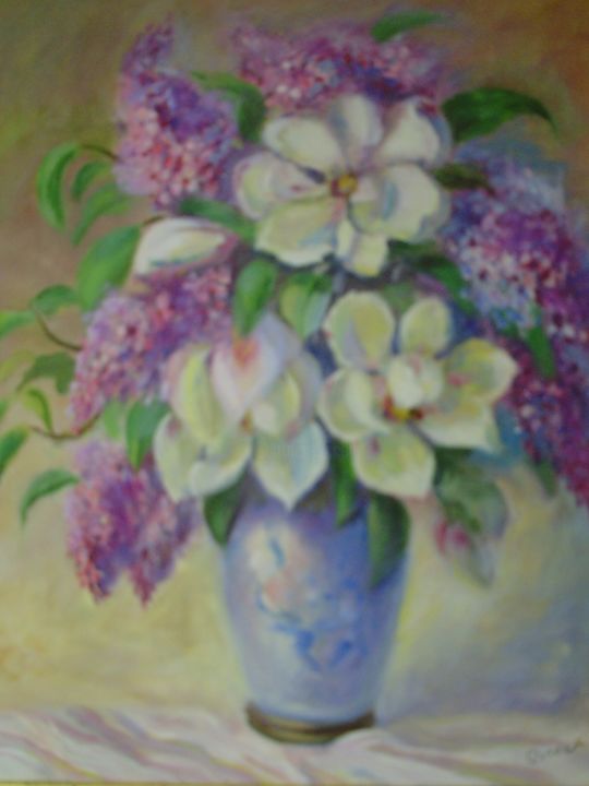 Peinture intitulée "Magnolia et arum" par Michelle Baert, Œuvre d'art originale, Huile
