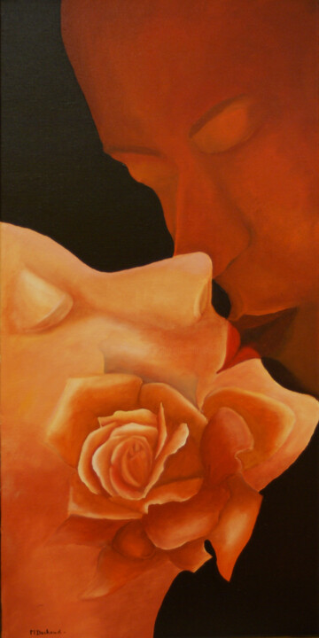 Painting titled "rose-baiser-N°2" by Michelle Dechaud, Original Artwork, Oil