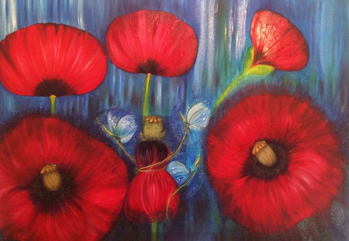Painting titled "Poppy Dollies" by Michelle Soden-Gilkes, Original Artwork, Oil