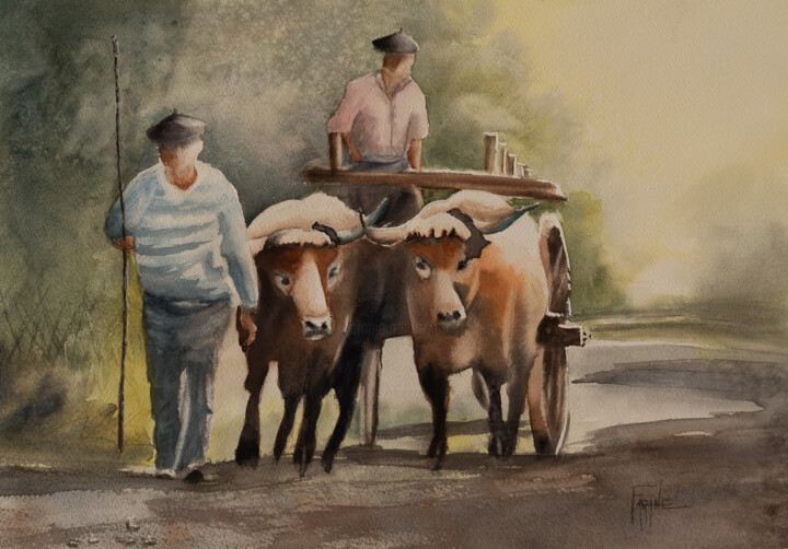 Painting titled "Vie rurale" by Michelle Thébault (Farane), Original Artwork, Watercolor
