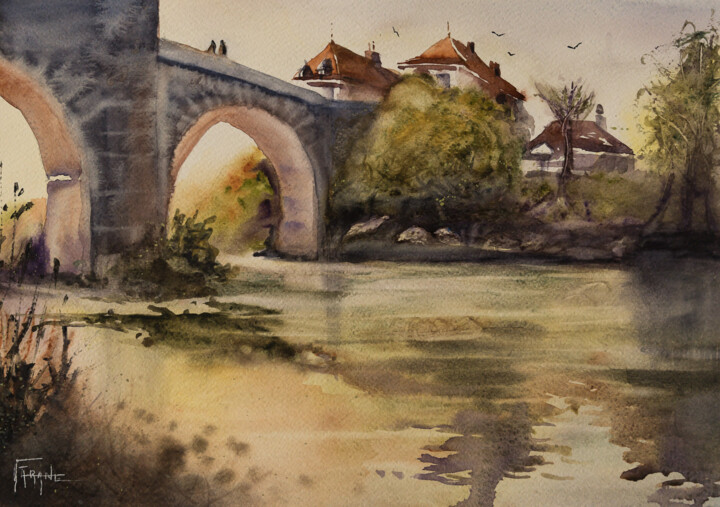 Painting titled "Pont d'Orthez" by Michelle Thébault (Farane), Original Artwork, Watercolor