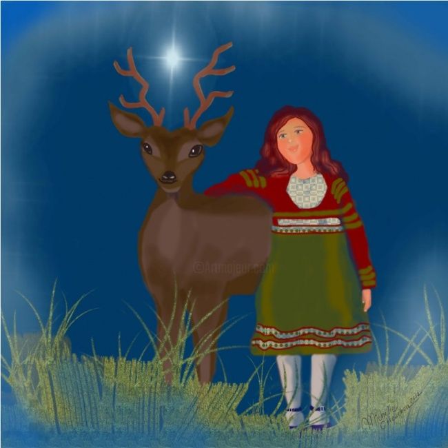 Drawing titled "La niña y el ciervo" by Michelle Chouchou, Original Artwork, Other
