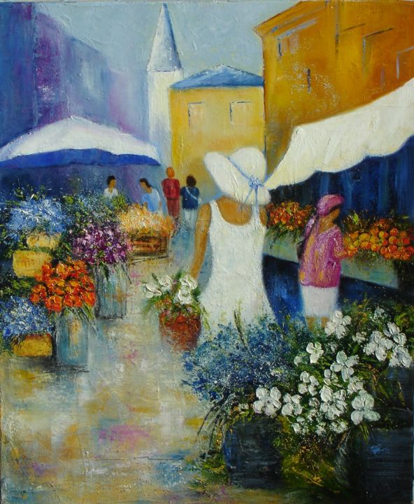 Painting titled "le-marche-aux-fleur…" by Michelle Millot, Original Artwork, Oil