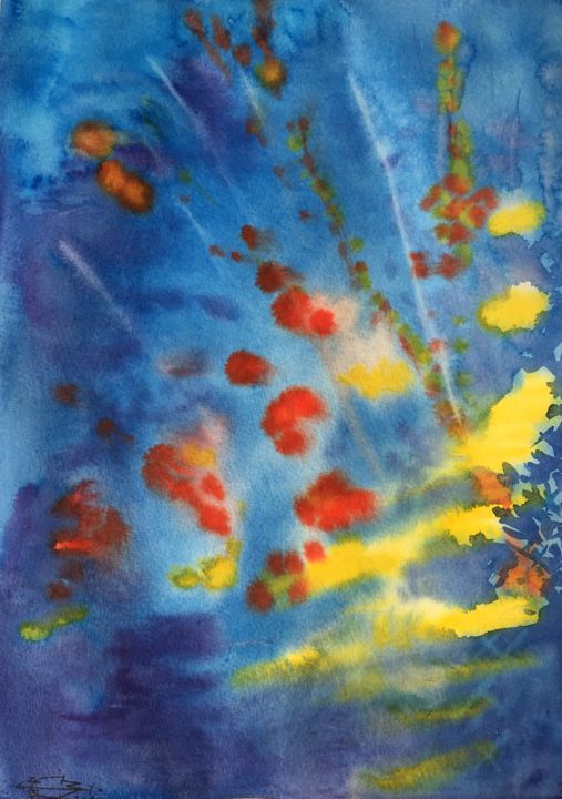 Peinture intitulée "Bleu jaune rouge" par Michel Munier, Œuvre d'art originale, Aquarelle