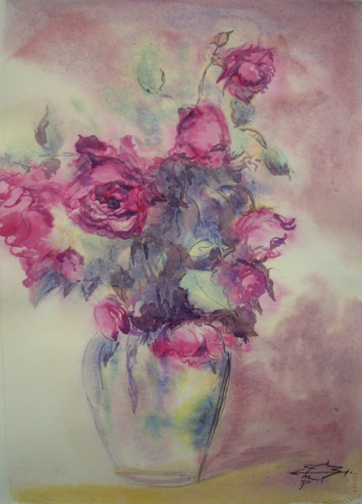 Malerei mit dem Titel "Le Bouquet de roses" von Michel Munier, Original-Kunstwerk, Aquarell