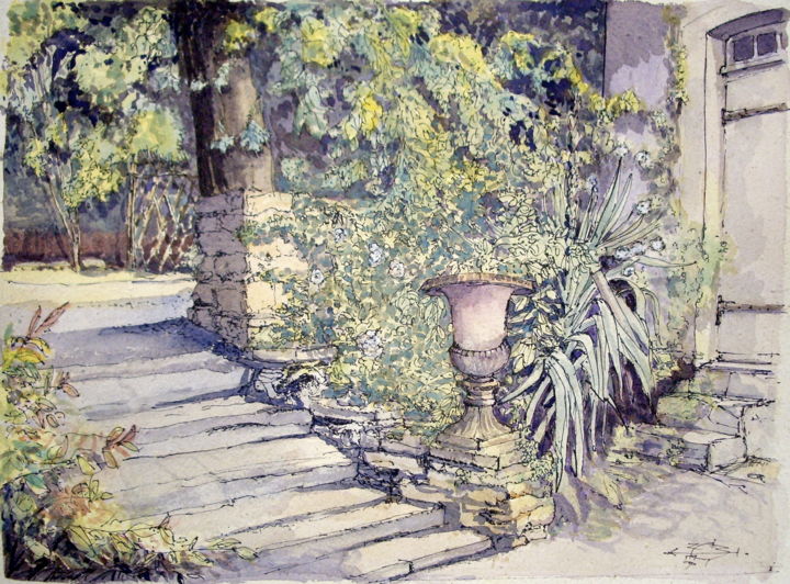 Painting titled "Le jardin de Jean-J…" by Michel Munier, Original Artwork, Oil