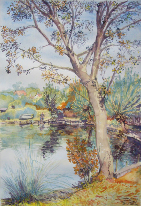 Painting titled "Automne au Lac Marc…" by Michel Munier, Original Artwork, Oil