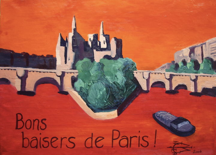 Painting titled "Bons baisers de Par…" by Michel Munier, Original Artwork, Oil