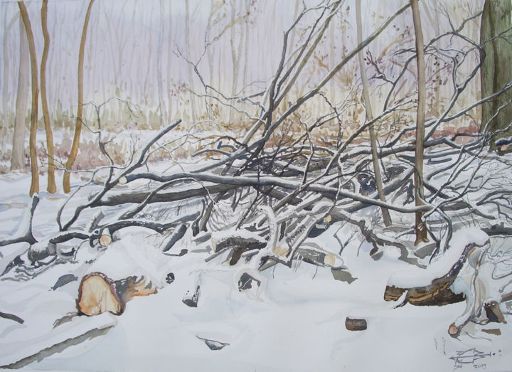 Painting titled "Forêt enneigée" by Michel Munier, Original Artwork, Watercolor