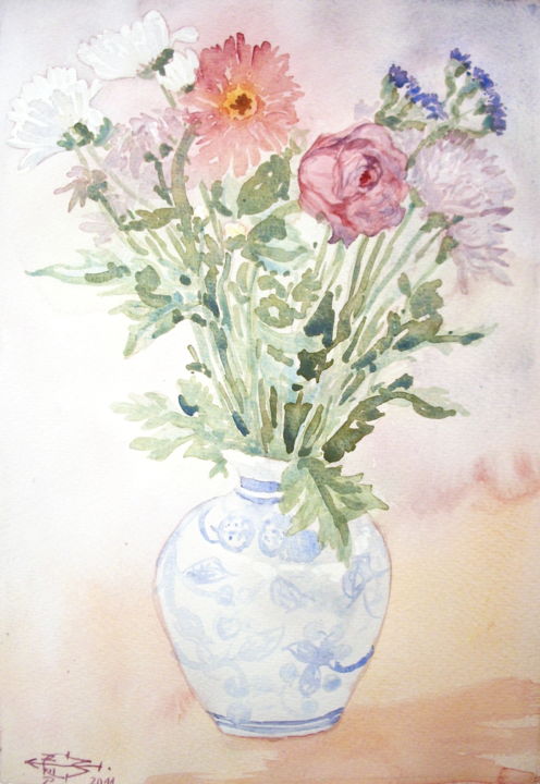 Painting titled "Le bouquet au vase…" by Michel Munier, Original Artwork, Watercolor