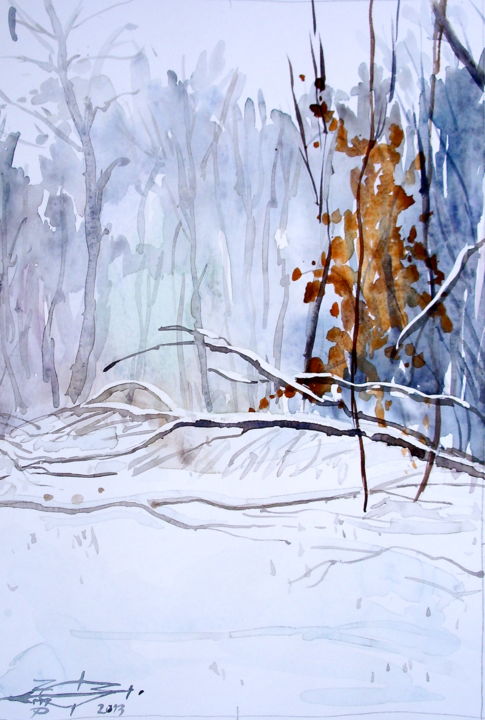 Painting titled "Hiver à Pacy" by Michel Munier, Original Artwork, Watercolor