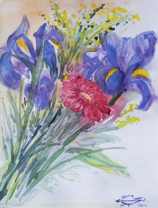 Painting titled "Iris et chrysantèmes" by Michel Munier, Original Artwork, Watercolor