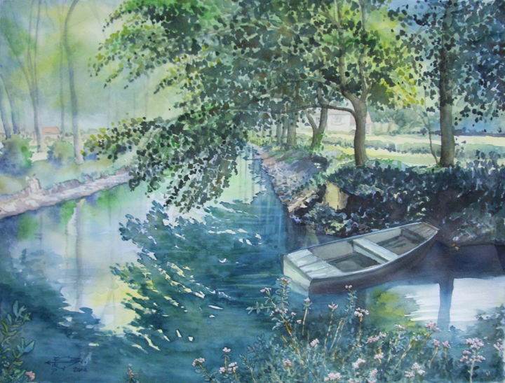 Malerei mit dem Titel "Les douves" von Michel Munier, Original-Kunstwerk, Aquarell