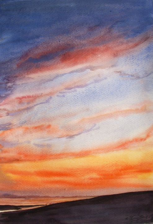 Painting titled "Crépuscule" by Michel Munier, Original Artwork, Watercolor