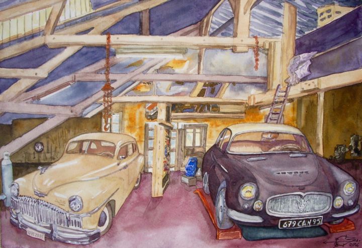 Painting titled "Belles au garage" by Michel Munier, Original Artwork, Watercolor