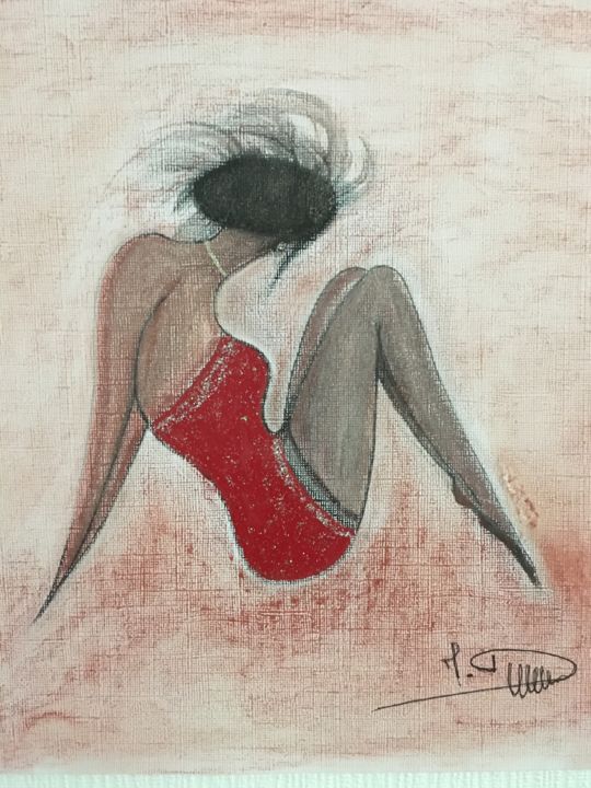 Zeichnungen mit dem Titel "La petite robe rouge" von Michel Philippeau, Original-Kunstwerk, Pastell