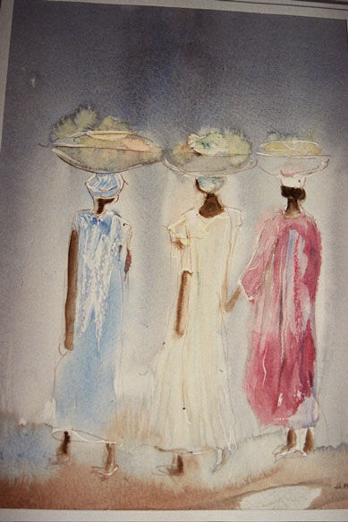 Painting titled "Les trois marchandes" by Mireille Dubois-Vanhove, Original Artwork, Oil