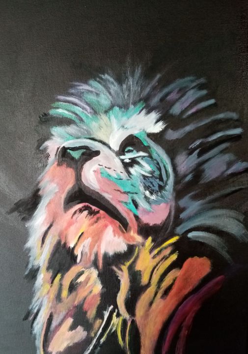Painting titled "Lion pensif" by Erynart, Original Artwork, Acrylic