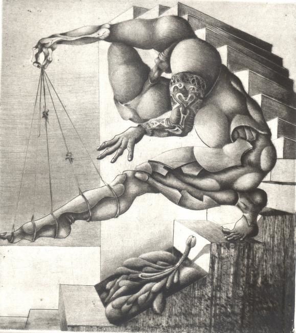 Druckgrafik mit dem Titel "le piedestal" von Mictorn, Original-Kunstwerk, Gravur