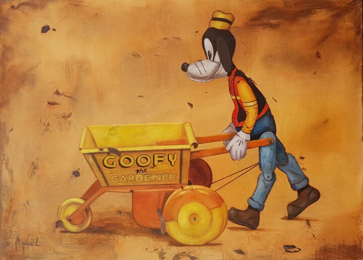 Painting titled "Goofy the gardener" by Miguel Ángel Garcia López, Original Artwork, Oil Mounted on Wood Stretcher frame