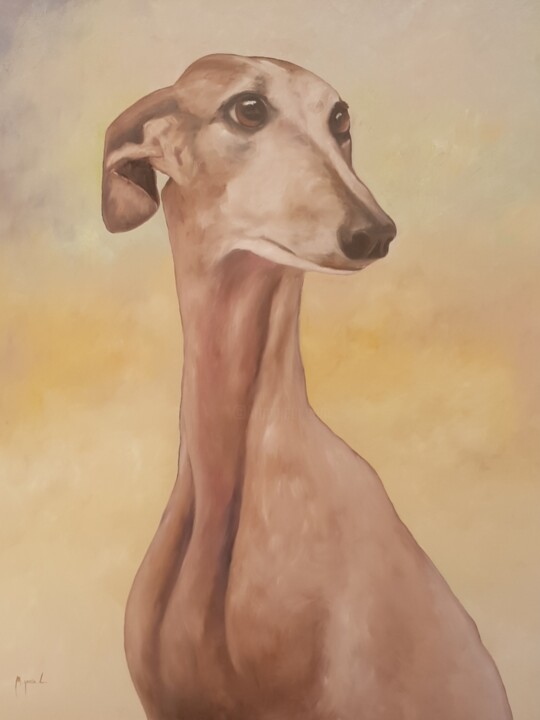 Painting titled "Galgo" by Miguel Ángel Garcia López, Original Artwork, Oil Mounted on Wood Stretcher frame