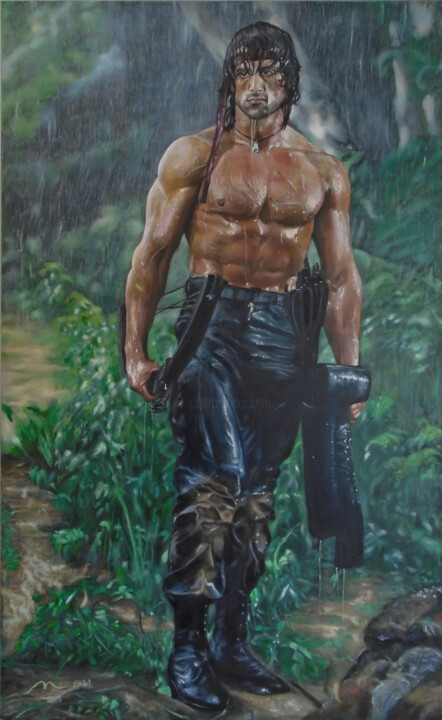 Painting titled "RAMBO" by Miguel Angel Garcia, Original Artwork, Oil Mounted on Wood Stretcher frame