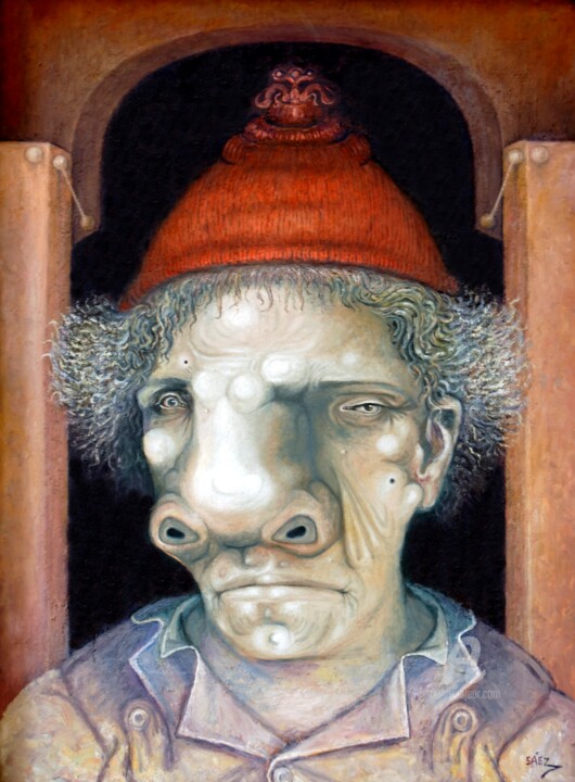 Painting titled "Personaje con gorro" by Miguel Ángel Sáez, Original Artwork, Oil