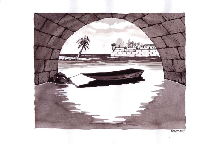 Drawing titled "BOAT BLACK AND WHIT…" by Miguel Esquivel Kuello, Original Artwork, Ink