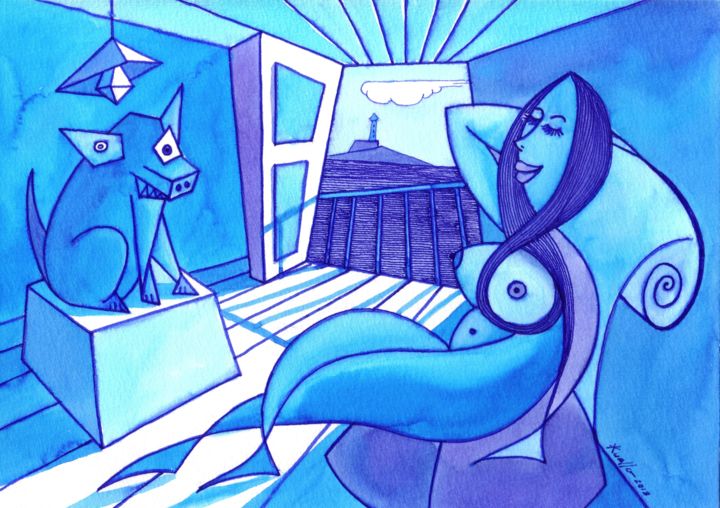 Painting titled "FEMME ET CHIEN EN B…" by Miguel Esquivel Kuello, Original Artwork, Ink