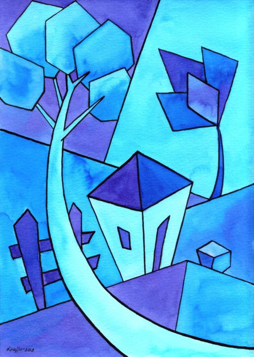 Painting titled "BLAUER MOND" by Miguel Esquivel Kuello, Original Artwork, Ink