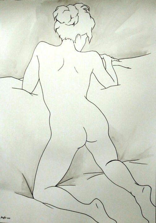 Drawing titled "NUDA SUL DIIVANO" by Miguel Esquivel Kuello, Original Artwork, Ink