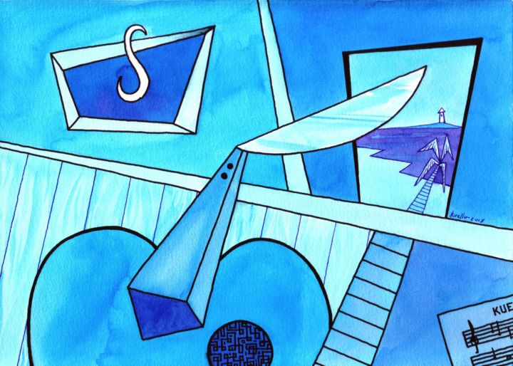 Painting titled "BLUE GUITAR & SEASC…" by Miguel Esquivel Kuello, Original Artwork, Ink
