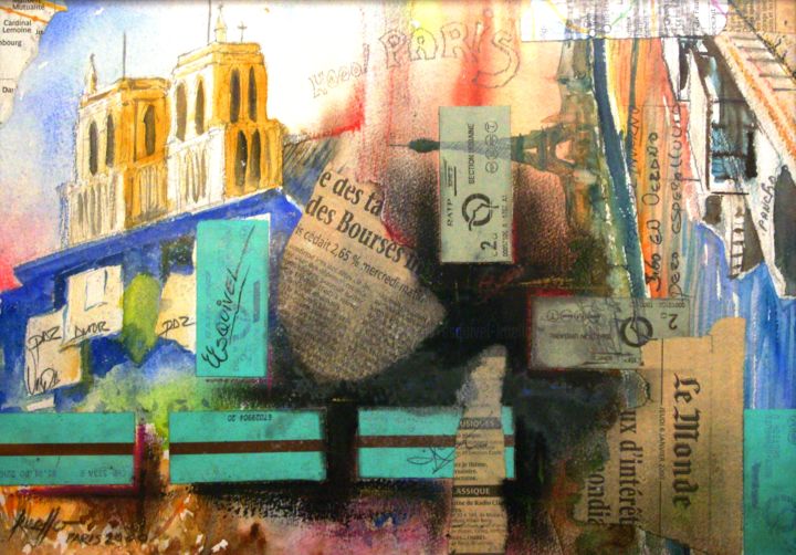 Colagens intitulada "PARIS TICKETS 2000…" por Miguel Esquivel Kuello, Obras de arte originais, Óleo