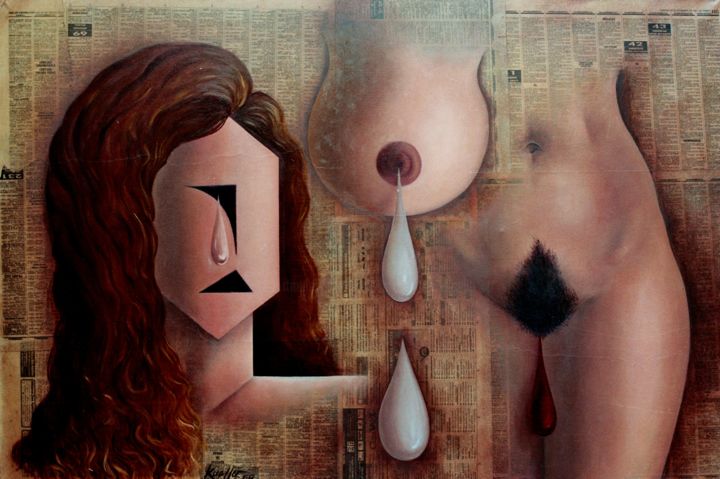 Painting titled "COLLAGE CON MUJER" by Miguel Esquivel Kuello, Original Artwork, Oil