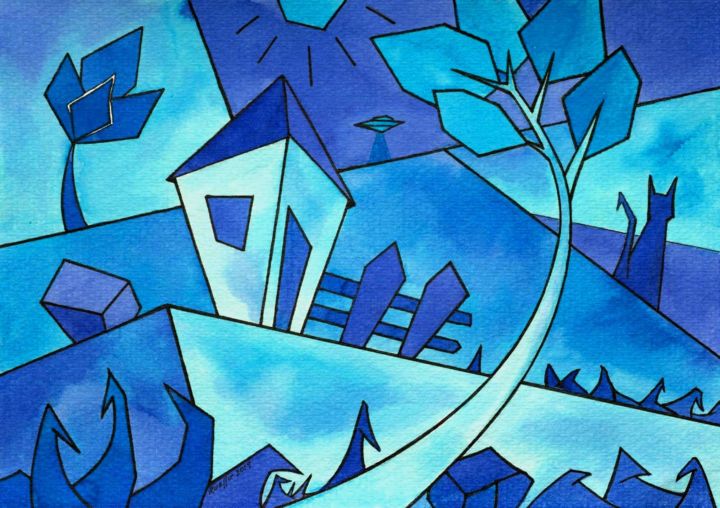 Painting titled "BLAUER MOND MIT KAT…" by Miguel Esquivel Kuello, Original Artwork, Ink