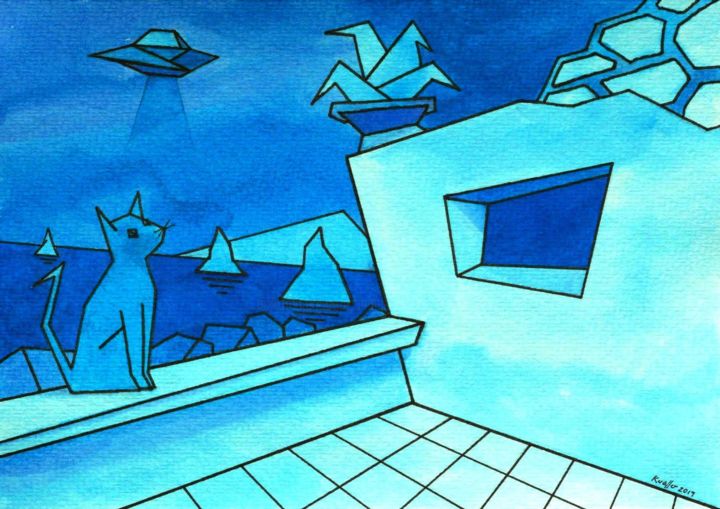 Painting titled "CAT AND BLUE MOON" by Miguel Esquivel Kuello, Original Art, Ink