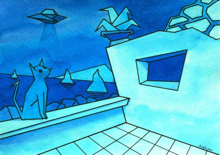 Painting titled "CAT AND BLUE MOON" by Miguel Esquivel Kuello, Original Artwork, Ink