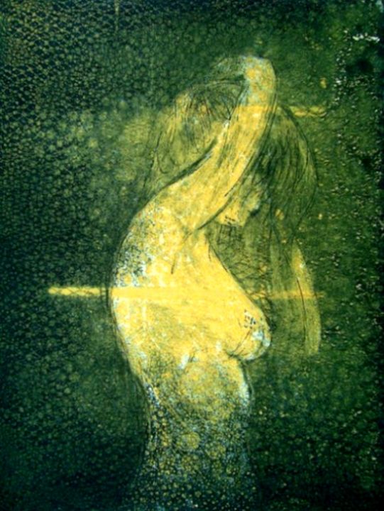 Printmaking titled "YELLOW WOMAN & LACE…" by Miguel Esquivel Kuello, Original Artwork, Etching