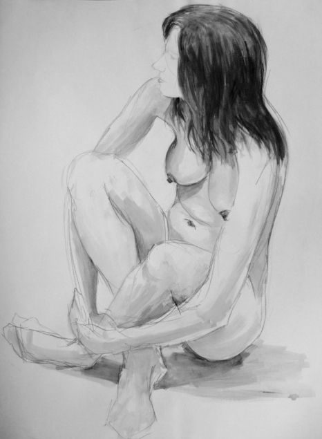 Рисунок под названием "GIRL SITTING ON THE…" - Miguel Esquivel Kuello, Подлинное произведение искусства, Чернила