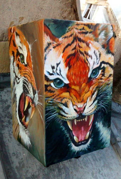 Painting titled "TIGER CAJON" by Miguel Esquivel Kuello, Original Artwork, Oil