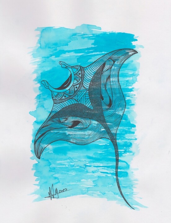 Desenho intitulada "Manta (birostris)" por Miguel Marques, Obras de arte originais, Tinta