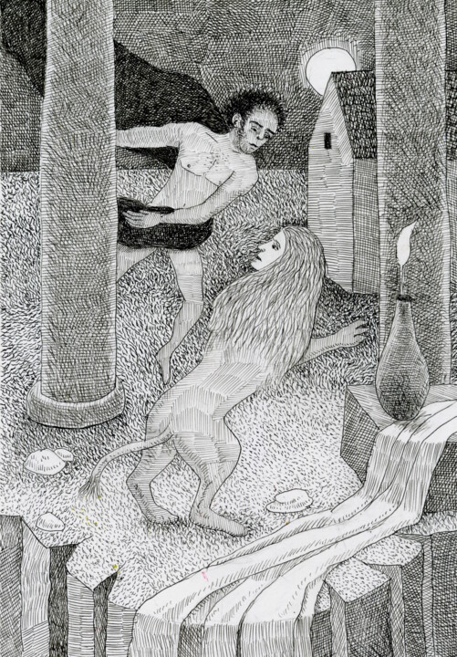 Dibujo titulada "Edipo y la Esfinge" por Miguel Rojas, Obra de arte original, Tinta