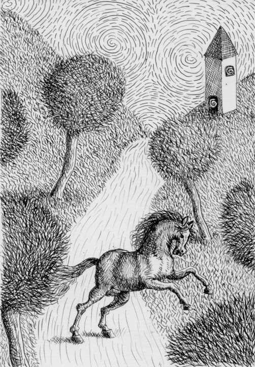 Dibujo titulada "Caballo bayo" por Miguel Rojas, Obra de arte original, Tinta