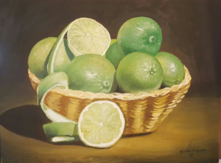 Painting titled "Canasta con limones" by Miguel Valdemora, Original Artwork