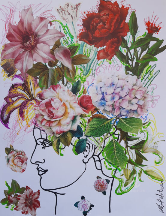 Collages intitolato "Flores na Cabeça e…" da Miguel Matos, Opera d'arte originale, Collages