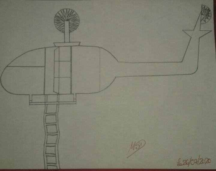 Dibujo titulada "Hélicoptère" por Dave Dawood, Obra de arte original, Lápiz
