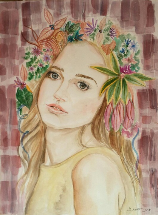 Painting titled "Portrait of girl" by Mihaela Anton, Original Artwork, Watercolor