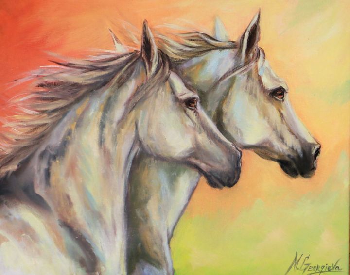 Schilderij getiteld "Paarden" door Mg Art, Origineel Kunstwerk, Olie