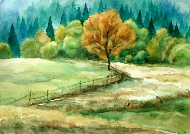 Drawing titled "Autumn" by Mikhaela Ivanova, Original Artwork, Watercolor